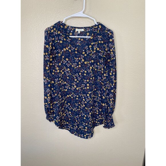 Max Studio Womens Navy Blue Floral Long Sleeve Top Small Yellow Polyester - Picture 1 of 7